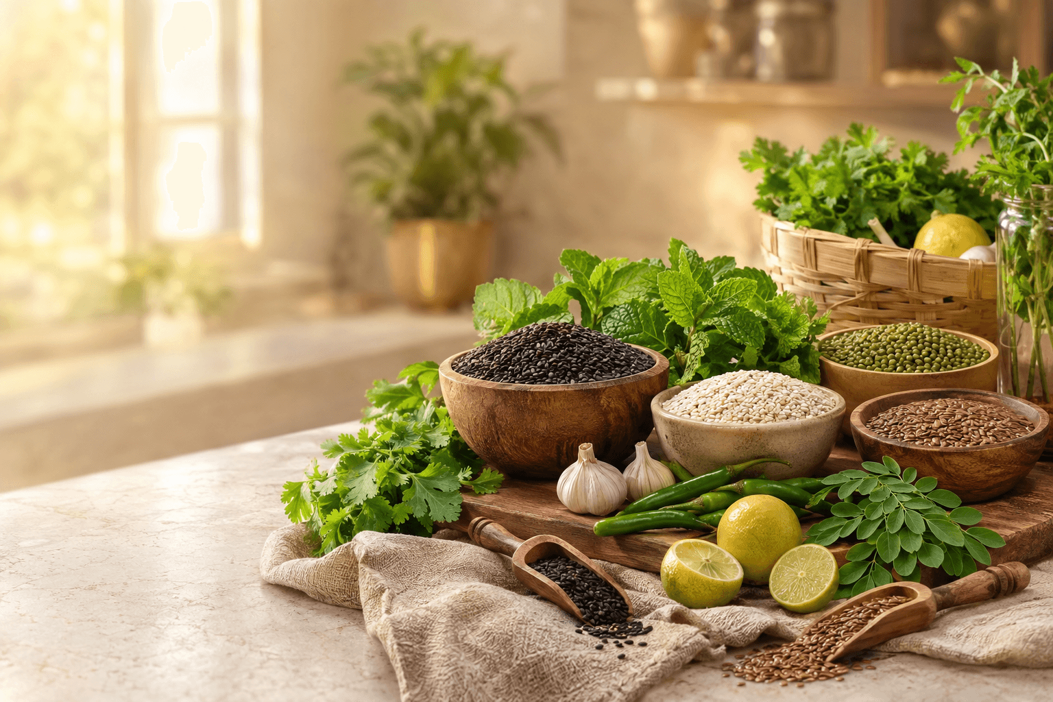 Grellow pantry ingredients including seeds, pulses, herbs and spices