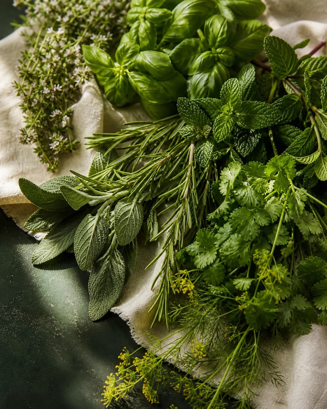 Fresh mint and assorted herbs used in Indian cooking