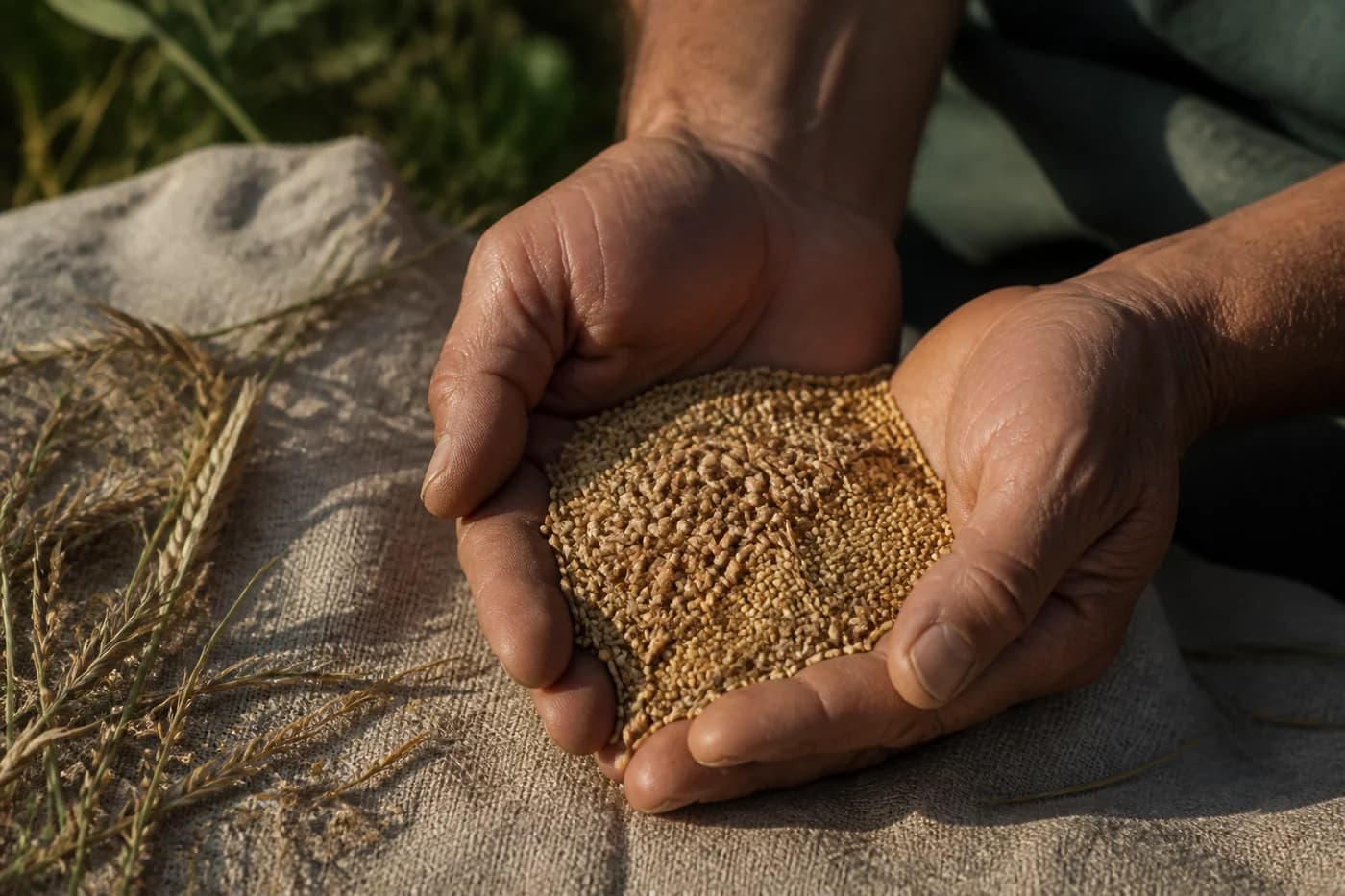 A farmer's hands holding freshly harvested grains