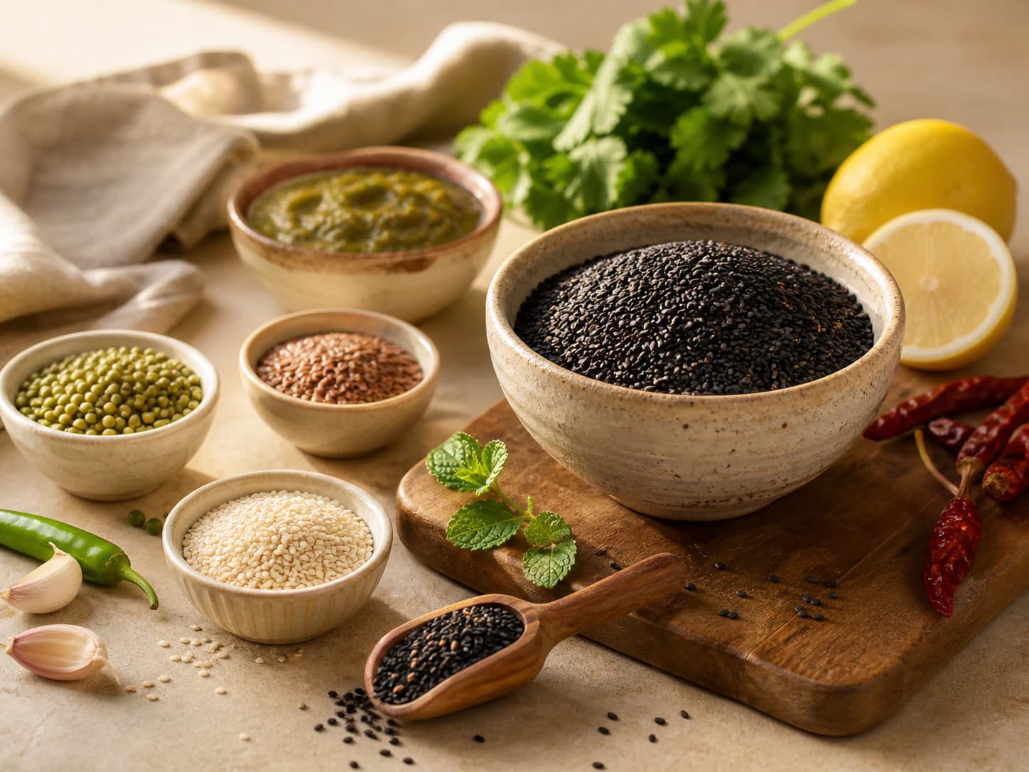 Black sesame, white sesame and flax seeds arranged with Indian pantry ingredients