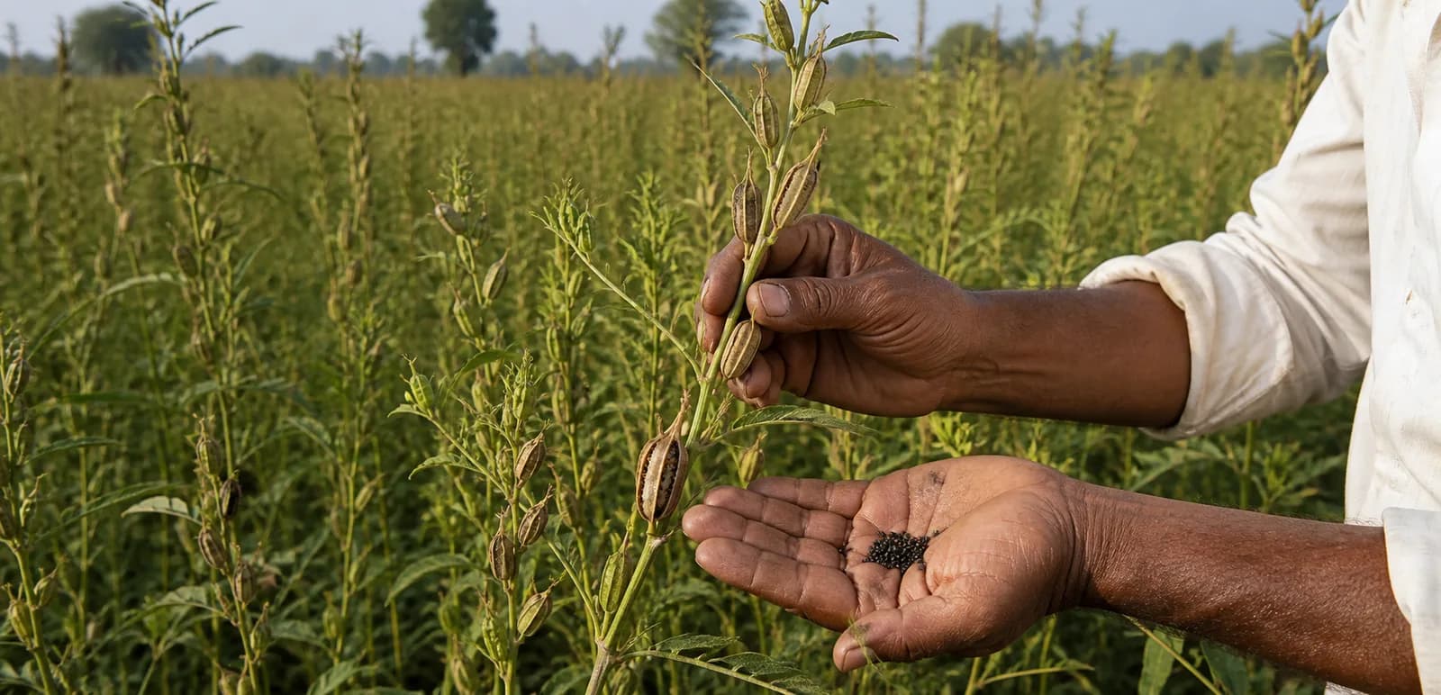 Mature black sesame crop and kala til seeds checked by a farmer