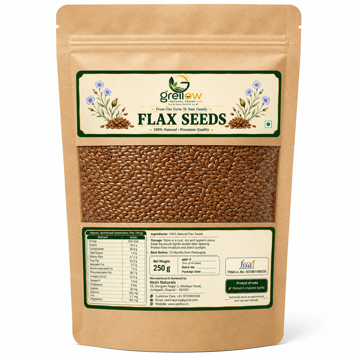 Grellow Premium Flax Seeds (Alsi) | 100% Natural Whole Flax Seeds | Rich in Omega-3, Fiber & Protein