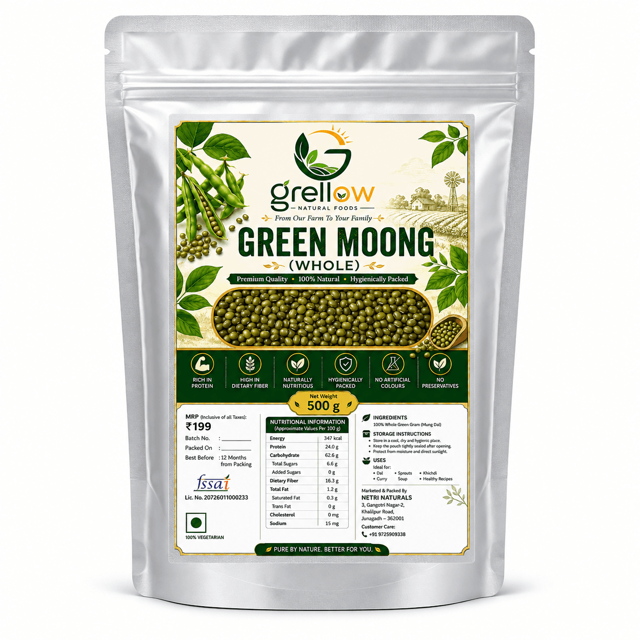 Grellow Premium Whole Green Moong (Sabut Moong) | 100% Natural Green Gram | Protein & Fiber Rich Pulses