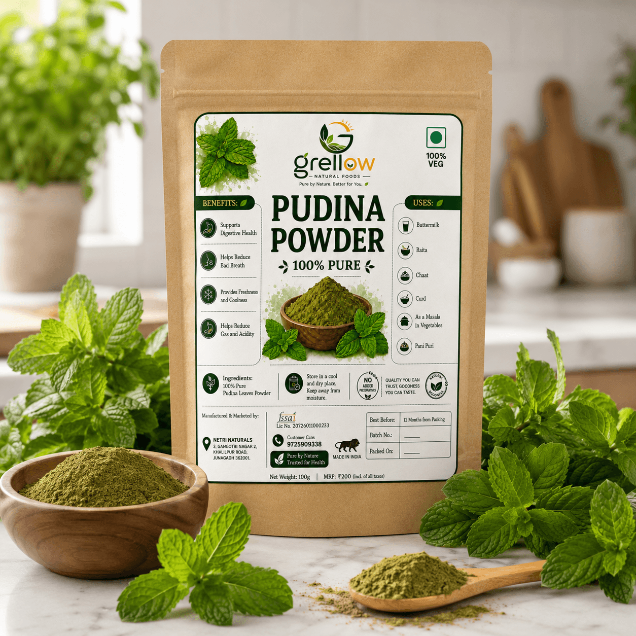 Grellow Premium Pudina Powder (Mint Powder) | 100% Natural Dried Mint Leaves Powder | Aromatic & Fresh
