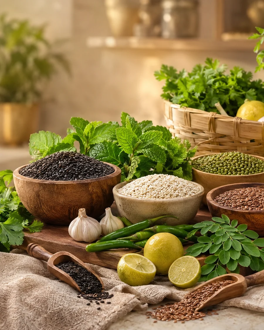 Wooden bowls of assorted grains and seeds with fresh herbs and natural ingredients in a warm kitchen